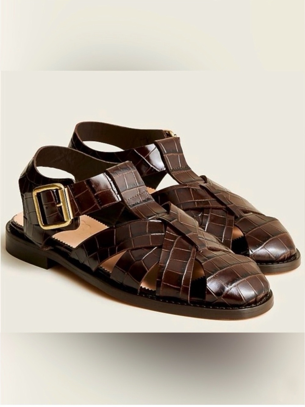 J. Crew Winona fisherman sandals in croc embossed leather brown sz 9 coastal